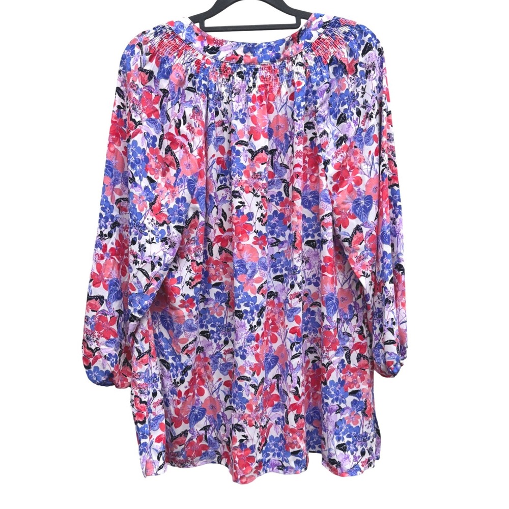 Charter Club Floral Butterfly Smocked Blouse Pink Blue Size L 3/4 Sleeve Top - Picture 3 of 7